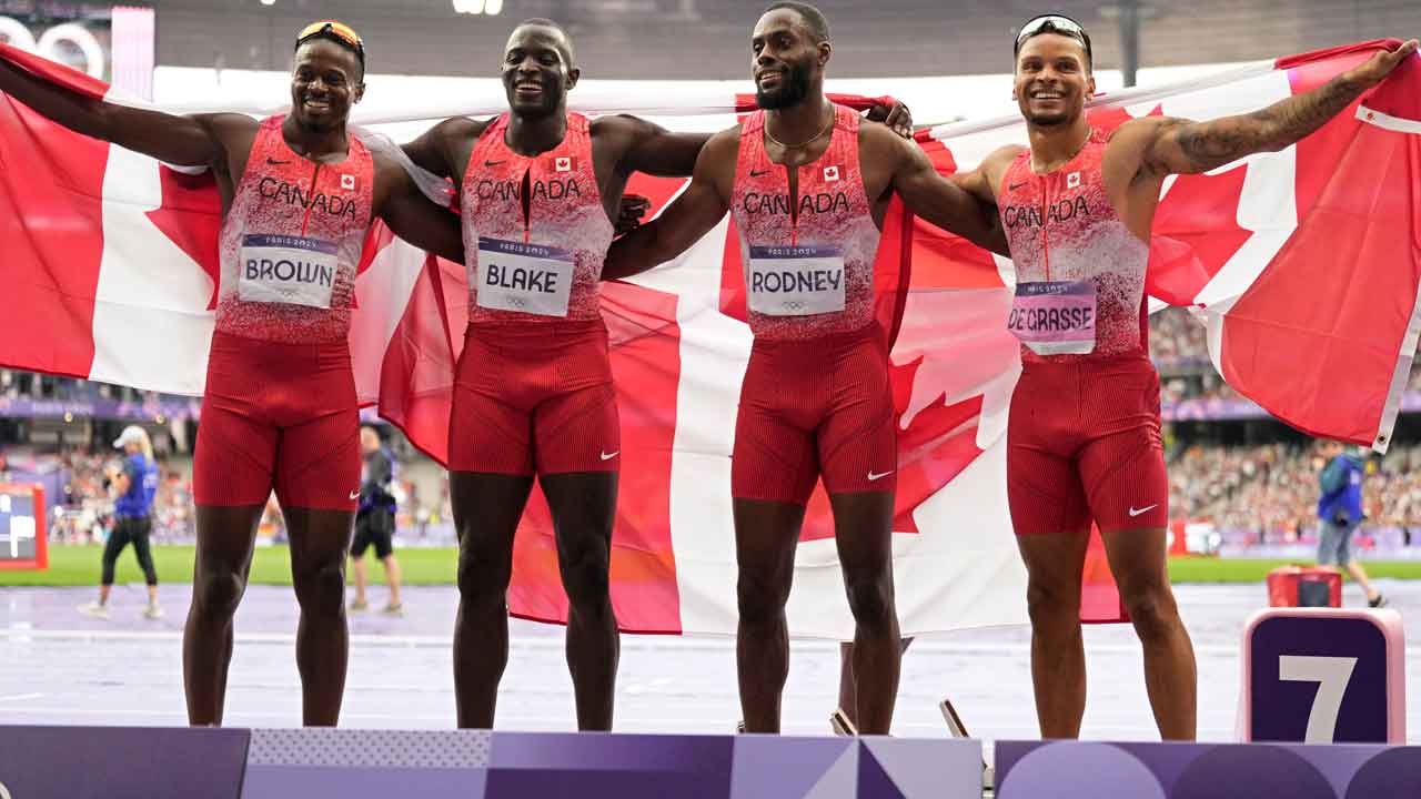 Canada shocks field to win Olympic men’s 4×100-metre relay gold